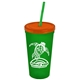 a translucent green cup & translucent orange lid & translucent green straw promotional personalized 24 oz stadium plastic tumbler cup with straw and lid
