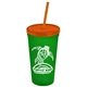 a translucent green cup & translucent orange lid & translucent orange straw promotional personalized 24 oz stadium plastic tumbler cup with straw and lid