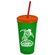 a translucent green cup & translucent orange lid & translucent red straw promotional personalized 24 oz stadium plastic tumbler cup with straw and lid