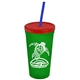 a translucent green cup & translucent red lid & translucent blue straw promotional personalized 24 oz stadium plastic tumbler cup with straw and lid