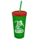 a translucent green cup & translucent red lid & translucent green straw promotional personalized 24 oz stadium plastic tumbler cup with straw and lid
