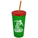 a translucent green cup & translucent red lid & translucent orange straw promotional personalized 24 oz stadium plastic tumbler cup with straw and lid