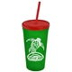 a translucent green cup & translucent red lid & translucent red straw promotional personalized 24 oz stadium plastic tumbler cup with straw and lid