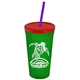 a translucent green cup & translucent red lid & translucent violet straw promotional personalized 24 oz stadium plastic tumbler cup with straw and lid