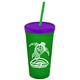 a translucent green cup & translucent violet lid & translucent green straw promotional personalized 24 oz stadium plastic tumbler cup with straw and lid
