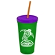 a translucent green cup & translucent violet lid & translucent orange straw promotional personalized 24 oz stadium plastic tumbler cup with straw and lid