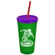 a translucent green cup & translucent violet lid & translucent red straw promotional personalized 24 oz stadium plastic tumbler cup with straw and lid