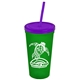a translucent green cup & translucent violet lid & translucent violet straw promotional personalized 24 oz stadium plastic tumbler cup with straw and lid