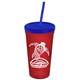 a translucent red cup & translucent blue lid & translucent blue straw promotional personalized 24 oz stadium plastic tumbler cup with straw and lid