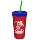 a translucent red cup & translucent blue lid & translucent green straw promotional personalized 24 oz stadium plastic tumbler cup with straw and lid