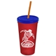 a translucent red cup & translucent blue lid & translucent orange straw promotional personalized 24 oz stadium plastic tumbler cup with straw and lid