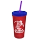 a translucent red cup & translucent blue lid & translucent violet straw promotional personalized 24 oz stadium plastic tumbler cup with straw and lid