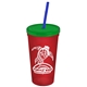 a translucent red cup & translucent green lid & translucent blue straw promotional personalized 24 oz stadium plastic tumbler cup with straw and lid