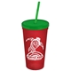 a translucent red cup & translucent green lid & translucent green straw promotional personalized 24 oz stadium plastic tumbler cup with straw and lid