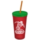 a translucent red cup & translucent green lid & translucent orange straw promotional personalized 24 oz stadium plastic tumbler cup with straw and lid
