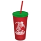 a translucent red cup & translucent green lid & translucent red straw promotional personalized 24 oz stadium plastic tumbler cup with straw and lid
