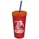 a translucent red cup & translucent orange lid & translucent blue straw promotional personalized 24 oz stadium plastic tumbler cup with straw and lid
