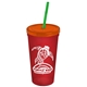 a translucent red cup & translucent orange lid & translucent green straw promotional personalized 24 oz stadium plastic tumbler cup with straw and lid