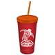a translucent red cup & translucent orange lid & translucent orange straw promotional personalized 24 oz stadium plastic tumbler cup with straw and lid