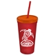 a translucent red cup & translucent orange lid & translucent red straw promotional personalized 24 oz stadium plastic tumbler cup with straw and lid