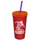 a translucent red cup & translucent orange lid & translucent violet straw promotional personalized 24 oz stadium plastic tumbler cup with straw and lid