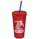 a translucent red cup & translucent red lid & translucent blue straw promotional personalized 24 oz stadium plastic tumbler cup with straw and lid