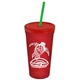 a translucent red cup & translucent red lid & translucent green straw promotional personalized 24 oz stadium plastic tumbler cup with straw and lid