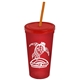 a translucent red cup & translucent red lid & translucent orange straw promotional personalized 24 oz stadium plastic tumbler cup with straw and lid