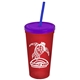 a translucent red cup & translucent violet lid & translucent blue straw promotional personalized 24 oz stadium plastic tumbler cup with straw and lid