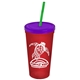 a translucent red cup & translucent violet lid & translucent green straw promotional personalized 24 oz stadium plastic tumbler cup with straw and lid
