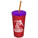 a translucent red cup & translucent violet lid & translucent orange straw promotional personalized 24 oz stadium plastic tumbler cup with straw and lid