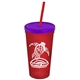 a translucent red cup & translucent violet lid & translucent red straw promotional personalized 24 oz stadium plastic tumbler cup with straw and lid