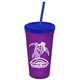 a translucent violet cup & translucent blue lid & translucent blue straw promotional personalized 24 oz stadium plastic tumbler cup with straw and lid