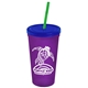 a translucent violet cup & translucent blue lid & translucent green straw promotional personalized 24 oz stadium plastic tumbler cup with straw and lid