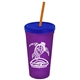 a translucent violet cup & translucent blue lid & translucent orange straw promotional personalized 24 oz stadium plastic tumbler cup with straw and lid