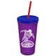 a translucent violet cup & translucent blue lid & translucent red straw promotional personalized 24 oz stadium plastic tumbler cup with straw and lid