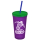 a translucent violet cup & translucent green lid & translucent blue straw promotional personalized 24 oz stadium plastic tumbler cup with straw and lid
