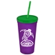 a translucent violet cup & translucent green lid & translucent green straw promotional personalized 24 oz stadium plastic tumbler cup with straw and lid