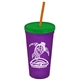 a translucent violet cup & translucent green lid & translucent orange straw promotional personalized 24 oz stadium plastic tumbler cup with straw and lid