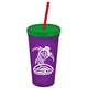 a translucent violet cup & translucent green lid & translucent red straw promotional personalized 24 oz stadium plastic tumbler cup with straw and lid