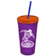 a translucent violet cup & translucent orange lid & translucent blue straw promotional personalized 24 oz stadium plastic tumbler cup with straw and lid