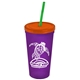 a translucent violet cup & translucent orange lid & translucent green straw promotional personalized 24 oz stadium plastic tumbler cup with straw and lid