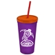a translucent violet cup & translucent orange lid & translucent red straw promotional personalized 24 oz stadium plastic tumbler cup with straw and lid