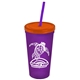 a translucent violet cup & translucent orange lid & translucent violet straw promotional personalized 24 oz stadium plastic tumbler cup with straw and lid