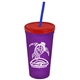 a translucent violet cup & translucent red lid & translucent blue straw promotional personalized 24 oz stadium plastic tumbler cup with straw and lid