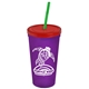 a translucent violet cup & translucent red lid & translucent green straw promotional personalized 24 oz stadium plastic tumbler cup with straw and lid