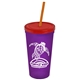 a translucent violet cup & translucent red lid & translucent orange straw promotional personalized 24 oz stadium plastic tumbler cup with straw and lid