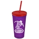a translucent violet cup & translucent red lid & translucent red straw promotional personalized 24 oz stadium plastic tumbler cup with straw and lid