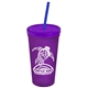 a translucent violet cup & translucent violet lid & translucent blue straw promotional personalized 24 oz stadium plastic tumbler cup with straw and lid