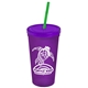 a translucent violet cup & translucent violet lid & translucent green straw promotional personalized 24 oz stadium plastic tumbler cup with straw and lid